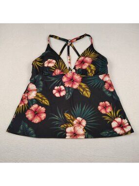 Kona Sol Tankini Top Plunge V-Neck Strappy Back Floral Tropical Sz Large
